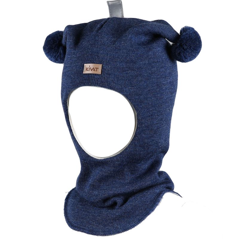 Kivat balaclava lue med dusker og skinnlapp, Jeansblå